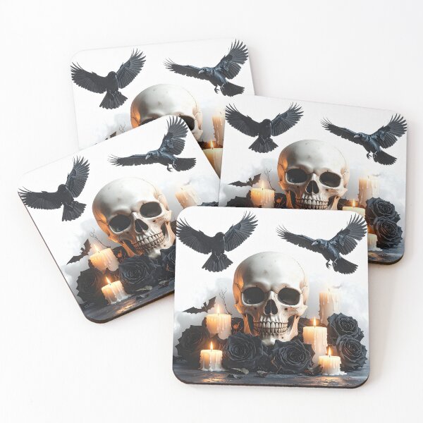 Item preview, Gothic Halloween Skull with Ravens and Black Roses designed and sold by OksArtStudio.