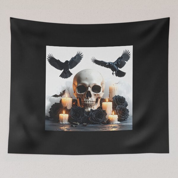 Item preview, Gothic Halloween Skull with Ravens and Black Roses designed and sold by OksArtStudio.