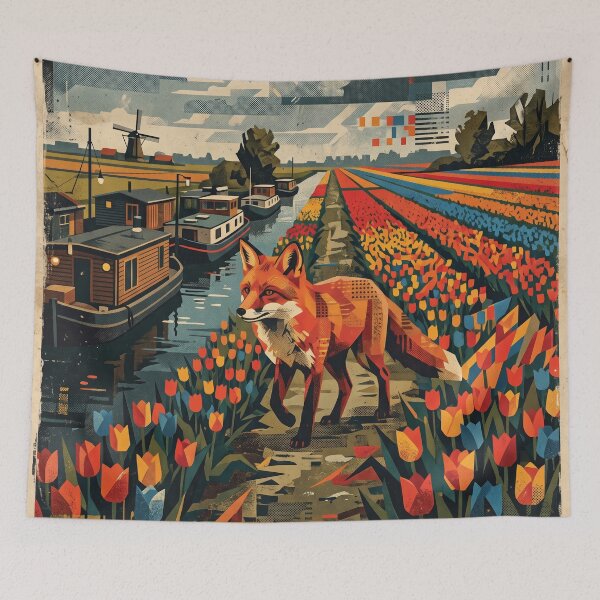 Item preview, NETHERLANDS Vintage Travel Illustration - Geometric Fox Walking in a Blooming Meadow designed and sold by ZUMERI.