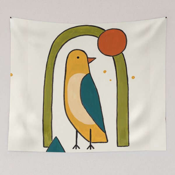 Item preview, Retro Mid Century Gold Sun Bird Poster designed and sold by Filora Atelier | Bird Art.