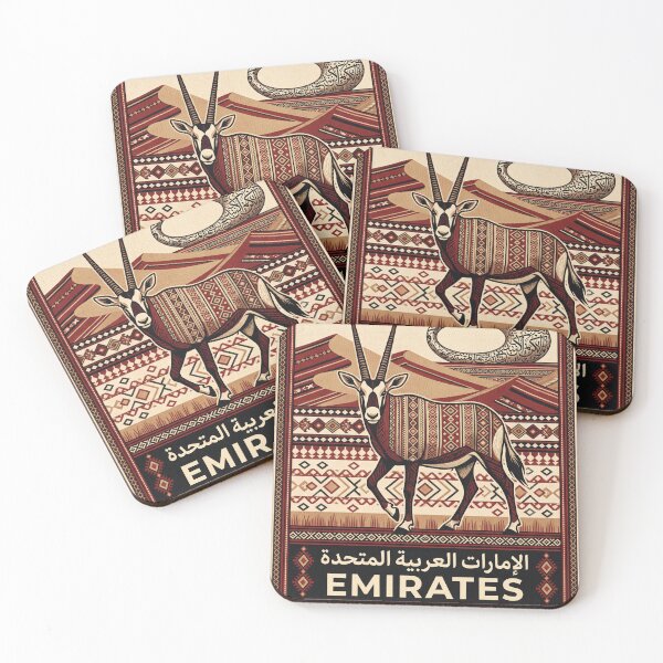 Item preview, EMIRATES Vintage Travel Illustration - Ornate Antelope Walking in a Woven Desert designed and sold by ZUMERI.