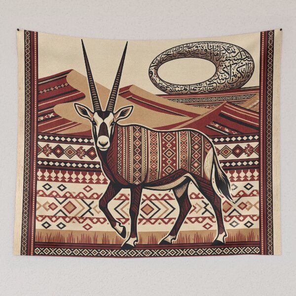 Item preview, EMIRATES Vintage Travel Illustration - Ornate Antelope Walking in a Woven Desert designed and sold by ZUMERI.