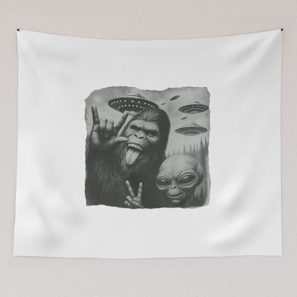 Item preview, Funny Bigfoot & Alien Selfie with UFOs – Retro Cryptid Sci-Fi  designed and sold by Gbriel3.