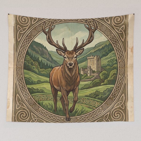 Item preview, IRELAND Vintage Travel Illustration - Regal Deer Stepping in an Ancient Glen designed and sold by ZUMERI.