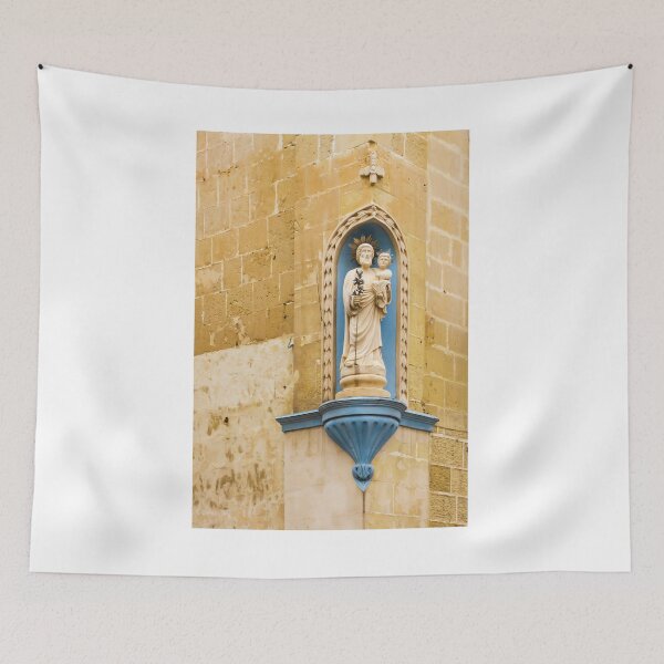 Item preview, Saint Statue In Church Niche Mounted On Weathered Stone Wall With Blue Decorative Plinth designed and sold by Nmallia.