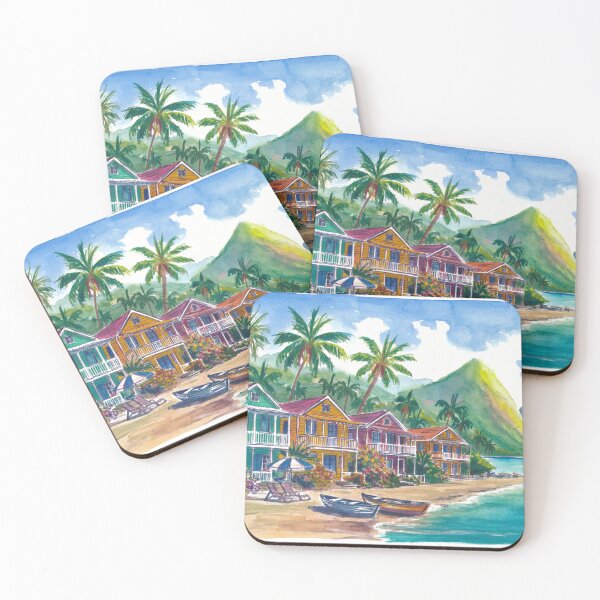 Item preview, Colorful Caribbean Houses Beneath Saint Lucia’s Majestic Pitons designed and sold by artshop77.