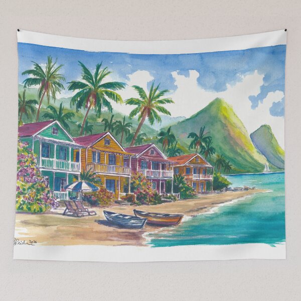 Item preview, Colorful Caribbean Houses Beneath Saint Lucia’s Majestic Pitons designed and sold by artshop77.