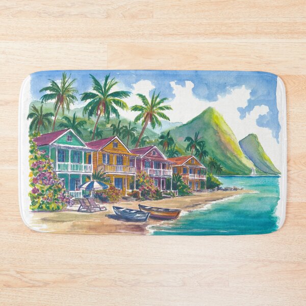 Item preview, Colorful Caribbean Houses Beneath Saint Lucia’s Majestic Pitons designed and sold by artshop77.