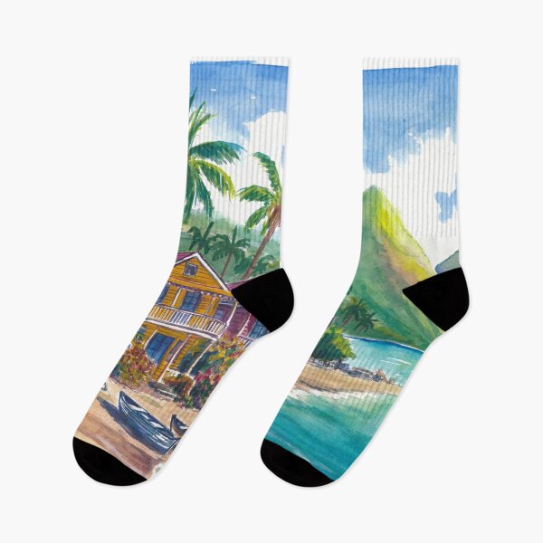 Item preview, Colorful Caribbean Houses Beneath Saint Lucia’s Majestic Pitons designed and sold by artshop77.