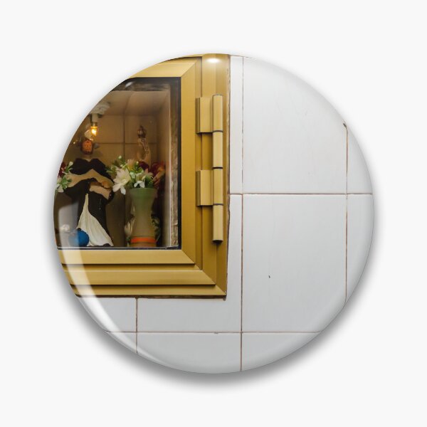 Item preview, Small Gold-Framed Religious Shrine Niche With Statue, Flowers and Lamp Set in White Tiled Wall designed and sold by Nmallia.