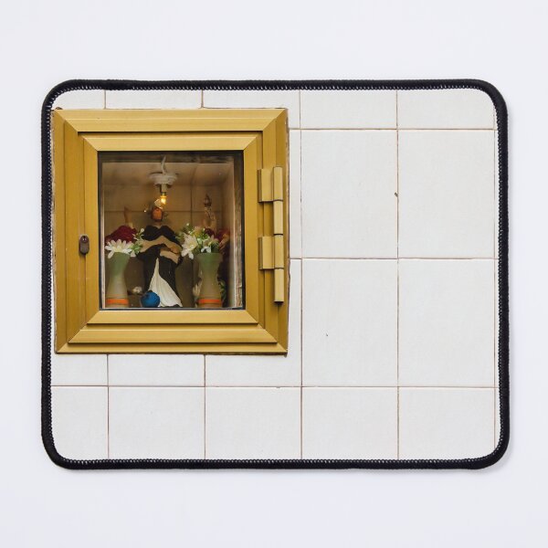 Item preview, Small Gold-Framed Religious Shrine Niche With Statue, Flowers and Lamp Set in White Tiled Wall designed and sold by Nmallia.