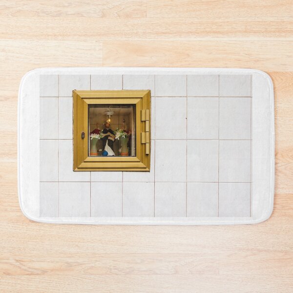 Item preview, Small Gold-Framed Religious Shrine Niche With Statue, Flowers and Lamp Set in White Tiled Wall designed and sold by Nmallia.