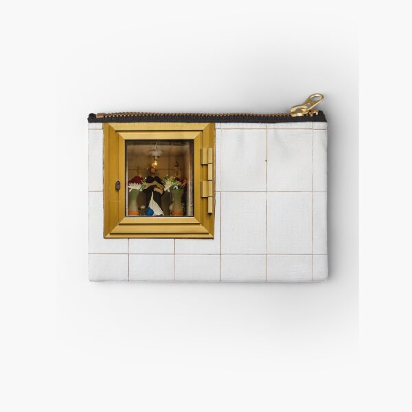 Item preview, Small Gold-Framed Religious Shrine Niche With Statue, Flowers and Lamp Set in White Tiled Wall designed and sold by Nmallia.