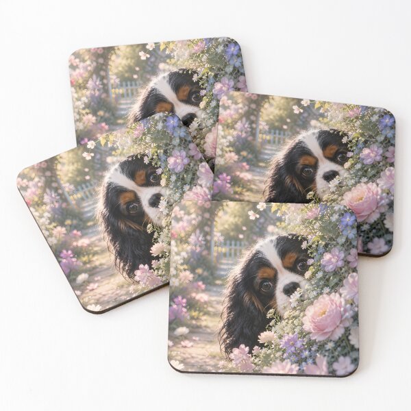 Item preview, Cavalier King Charles Spaniel Peeking Through a Dreamy Flower Garden | Cottagecore Floral Dog Art designed and sold by ManJiangHong.