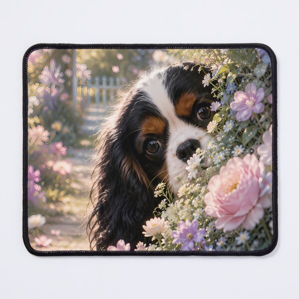 Item preview, Cavalier King Charles Spaniel Peeking Through a Dreamy Flower Garden | Cottagecore Floral Dog Art designed and sold by ManJiangHong.