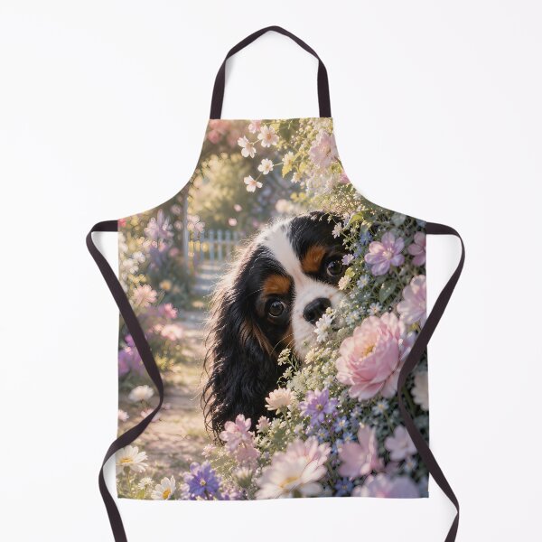 Item preview, Cavalier King Charles Spaniel Peeking Through a Dreamy Flower Garden | Cottagecore Floral Dog Art designed and sold by ManJiangHong.