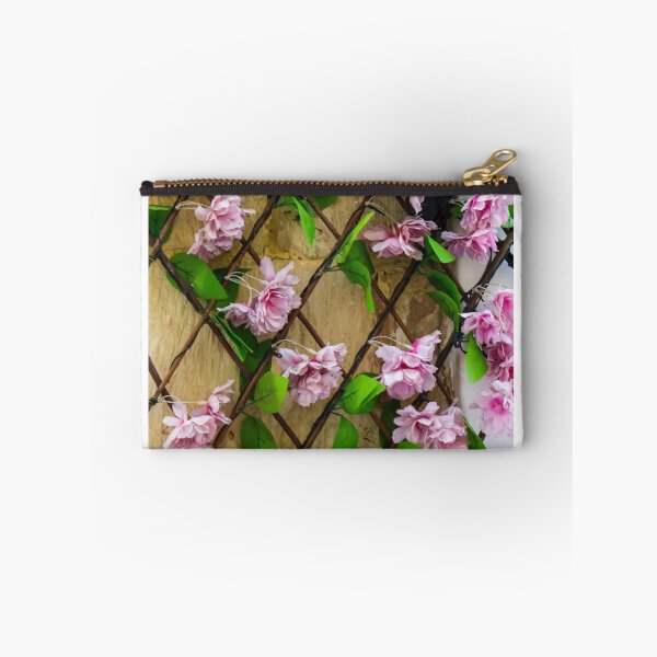 Item preview, Pink Artificial Flowers On Wooden Trellis Against Stone Wall Decorative Floral Display For Home designed and sold by Nmallia.