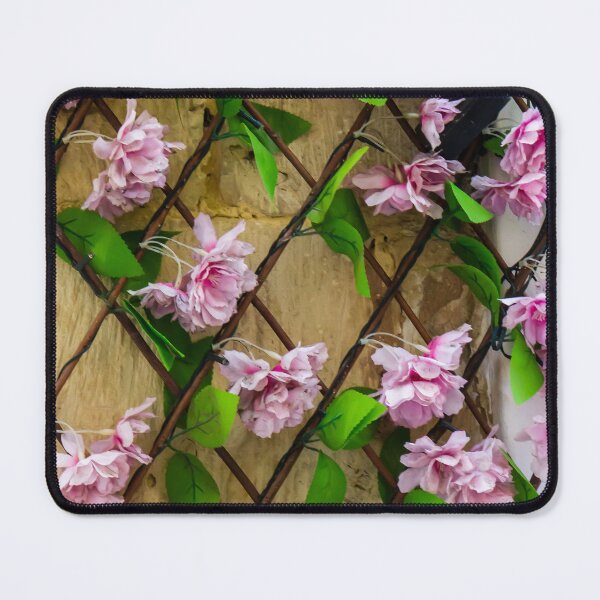 Item preview, Pink Artificial Flowers On Wooden Trellis Against Stone Wall Decorative Floral Display For Home designed and sold by Nmallia.