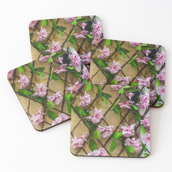 Item preview, Pink Artificial Flowers On Wooden Trellis Against Stone Wall Decorative Floral Display For Home designed and sold by Nmallia.