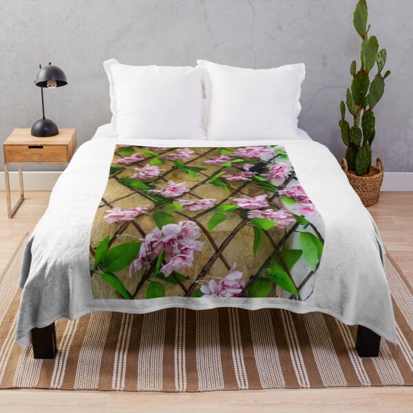 Item preview, Pink Artificial Flowers On Wooden Trellis Against Stone Wall Decorative Floral Display For Home designed and sold by Nmallia.