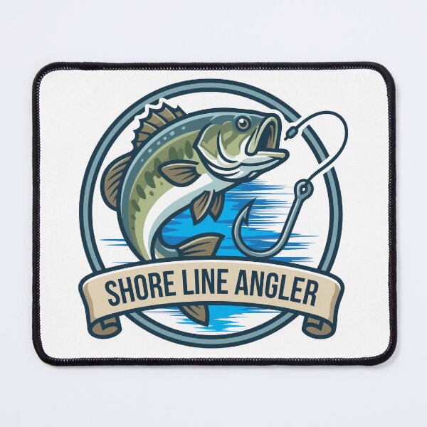 Item preview, Bass fishing Illustration in logo style with text "Shore Line Angler". designed and sold by Art-Horizon.