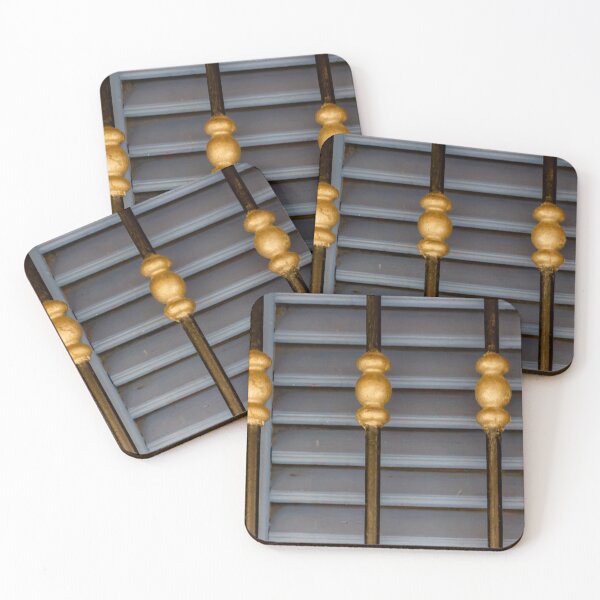 Item preview, Blue Wooden Shutters With Decorative Gold Metal Railings Close-Up Architectural Detail designed and sold by Nmallia.