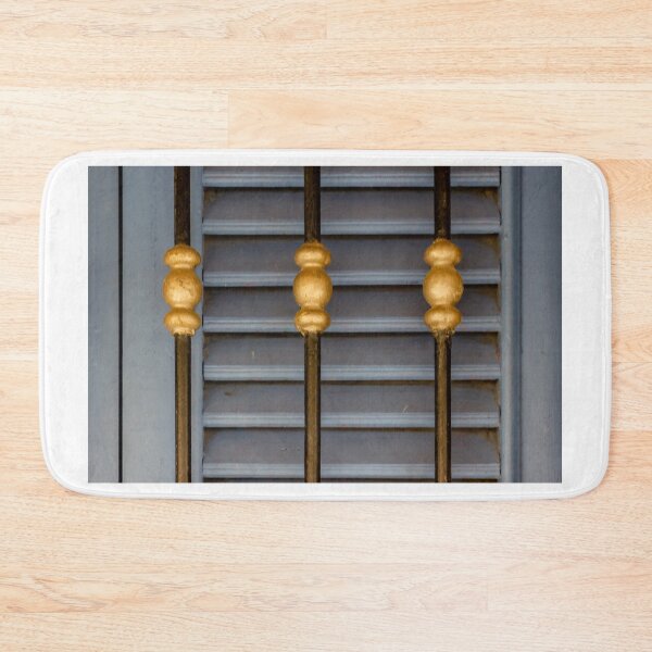 Item preview, Blue Wooden Shutters With Decorative Gold Metal Railings Close-Up Architectural Detail designed and sold by Nmallia.