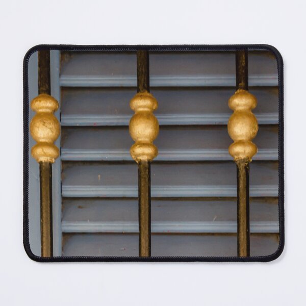 Item preview, Blue Wooden Shutters With Decorative Gold Metal Railings Close-Up Architectural Detail designed and sold by Nmallia.