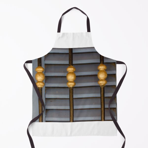 Item preview, Blue Wooden Shutters With Decorative Gold Metal Railings Close-Up Architectural Detail designed and sold by Nmallia.