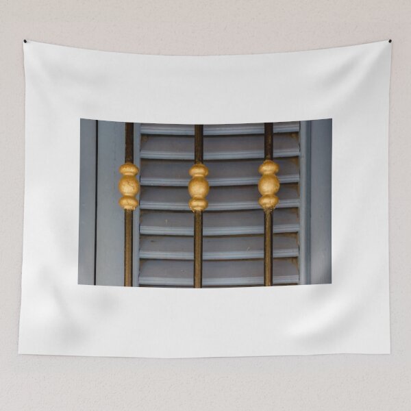 Item preview, Blue Wooden Shutters With Decorative Gold Metal Railings Close-Up Architectural Detail designed and sold by Nmallia.