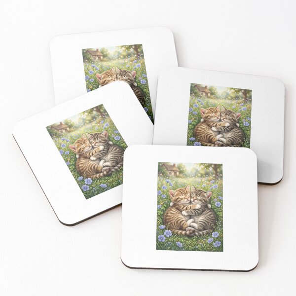 Item preview, Cute Hugging Tabby Kittens in Cottagecore Spring Meadow Illustration designed and sold by BigD shop.