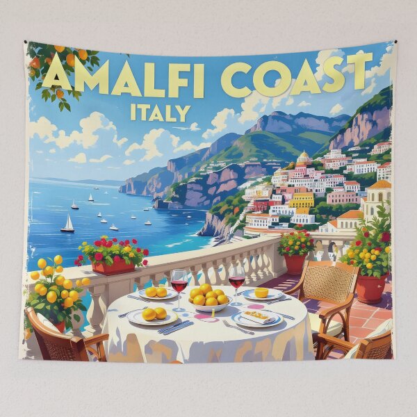 Item preview, Amalfi Coast, Italy: Seaside Balcony Dining Vintage-Style Painterly Travel Poster designed and sold by LSVart.