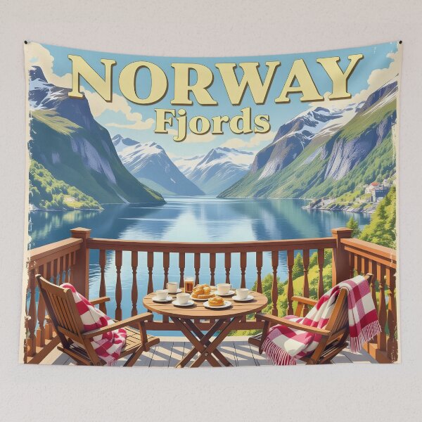 Item preview, Norwegian Fjords, Norway: Fjord Balcony Morning Vintage-Style Painterly Travel Poster designed and sold by LSVart.