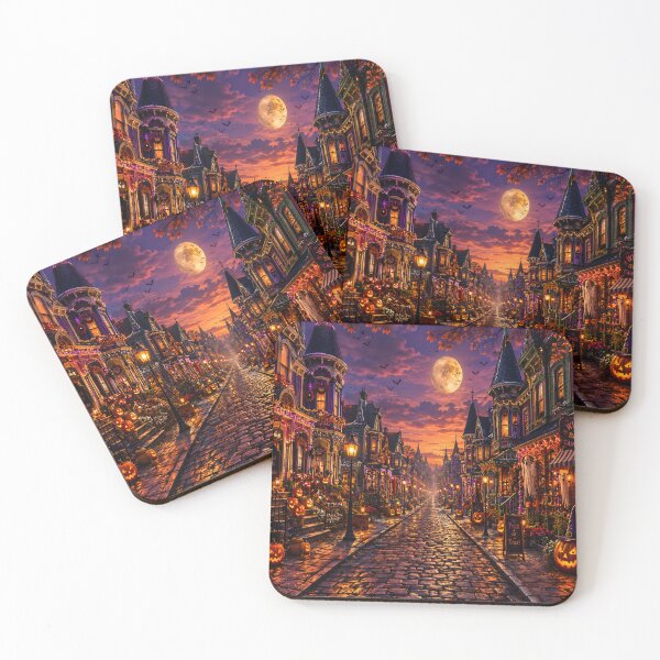 Item preview, Enchanted Halloween Victorian Village – Colorful Cobblestone Street at Moonlit Dusk designed and sold by cozeecore.