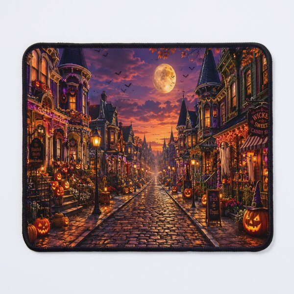 Item preview, Enchanted Halloween Victorian Village – Colorful Cobblestone Street at Moonlit Dusk designed and sold by cozeecore.