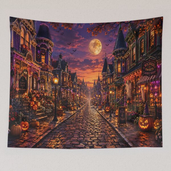 Item preview, Enchanted Halloween Victorian Village – Colorful Cobblestone Street at Moonlit Dusk designed and sold by cozeecore.