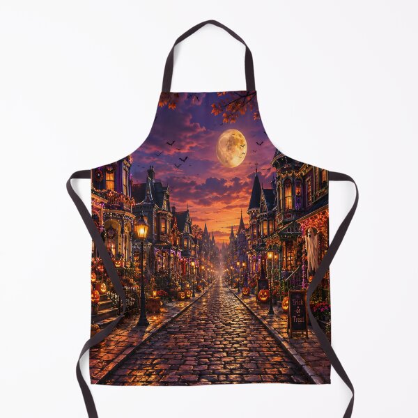Item preview, Enchanted Halloween Victorian Village – Colorful Cobblestone Street at Moonlit Dusk designed and sold by cozeecore.
