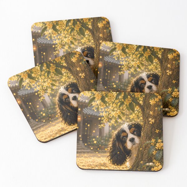 Item preview, Cavalier King Charles Spaniel Peeking Behind a Golden Osmanthus Tree | Dreamy Autumn Dog Art designed and sold by ManJiangHong.