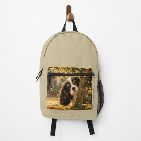 Item preview, Cavalier King Charles Spaniel Peeking Behind a Golden Osmanthus Tree | Dreamy Autumn Dog Art designed and sold by ManJiangHong.