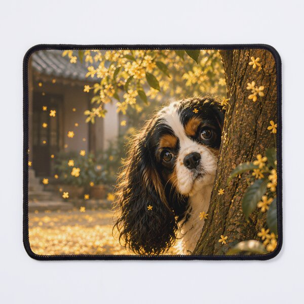 Item preview, Cavalier King Charles Spaniel Peeking Behind a Golden Osmanthus Tree | Dreamy Autumn Dog Art designed and sold by ManJiangHong.