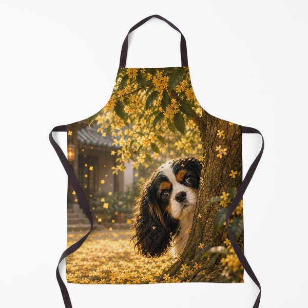 Item preview, Cavalier King Charles Spaniel Peeking Behind a Golden Osmanthus Tree | Dreamy Autumn Dog Art designed and sold by ManJiangHong.