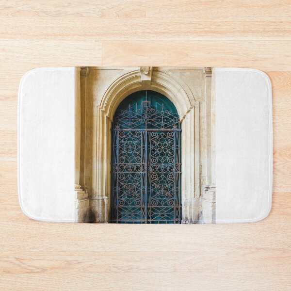 Item preview, Ornate Wrought Iron Gate in Arched Stone Entrance of Historic Mediterranean Building, Vintage Doorway designed and sold by Nmallia.