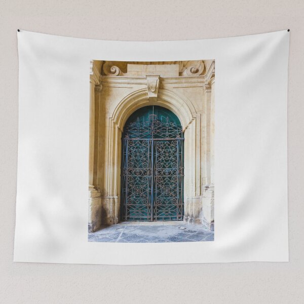Item preview, Ornate Wrought Iron Gate in Arched Stone Entrance of Historic Mediterranean Building, Vintage Doorway designed and sold by Nmallia.