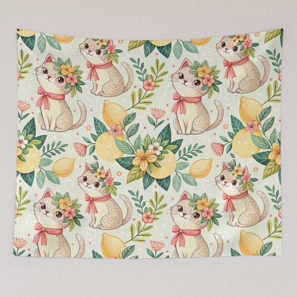 Item preview, Cute Lemon Cats Floral Pattern designed and sold by Storybook Botanica.