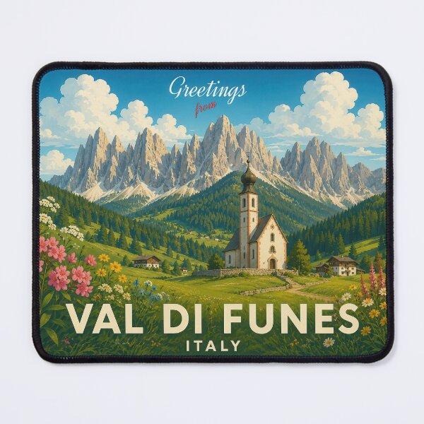 Item preview, Val di Funes Italy Vintage Alpine Valley Poster and Greeting Card designed and sold by Earth Celebration Designs.
