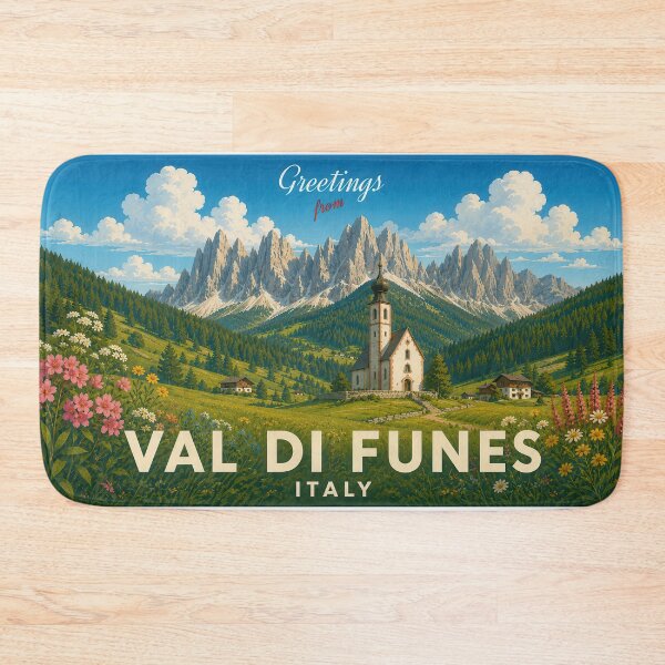 Artikelvorschau, Val di Funes Italy Vintage Alpine Valley Poster and Greeting Card entworfen und verkauft von Earth Celebration Designs.