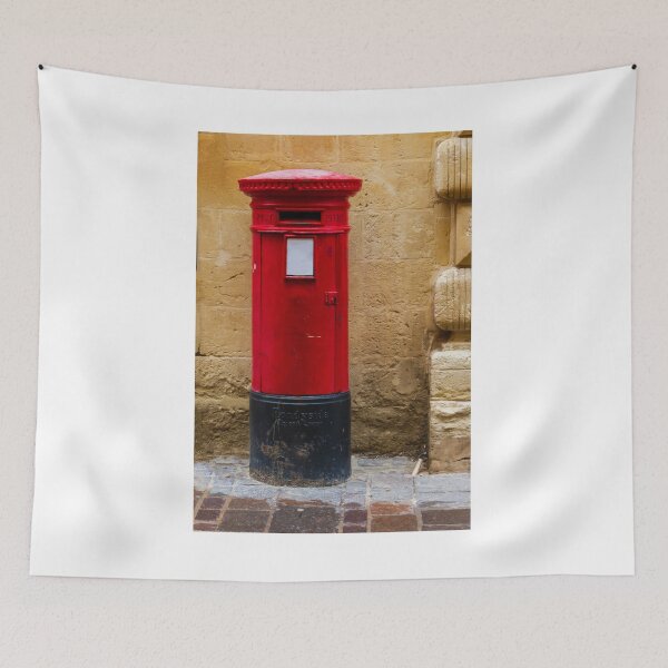 Item preview, Red Post Box Against Stone Wall on Historic British Street, Vintage Mailbox and Postal Charm designed and sold by Nmallia.