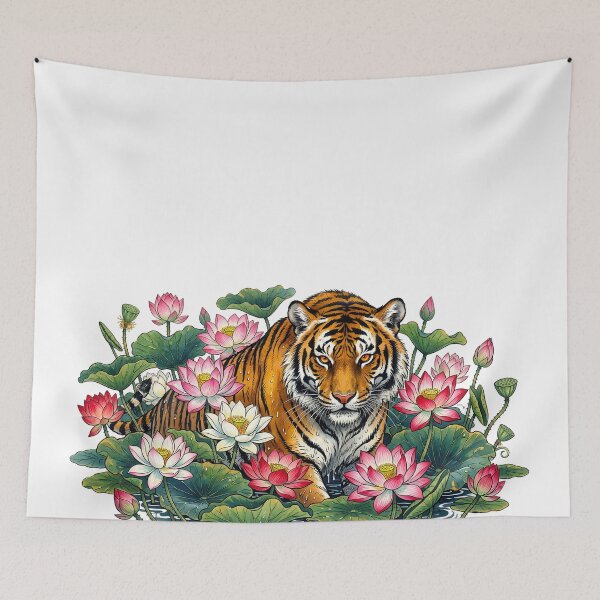 Item preview, Japanese Style Tiger in Lotus Flowers Illustration designed and sold by infinitearte.