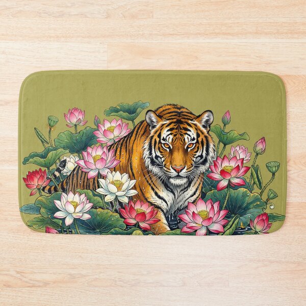 Item preview, Japanese Style Tiger in Lotus Flowers Illustration designed and sold by infinitearte.