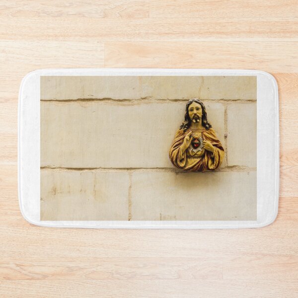 Item preview, Sacred Heart Of Jesus Wall Statue Mounted On Beige Stone Exterior Representing Christian Faith designed and sold by Nmallia.
